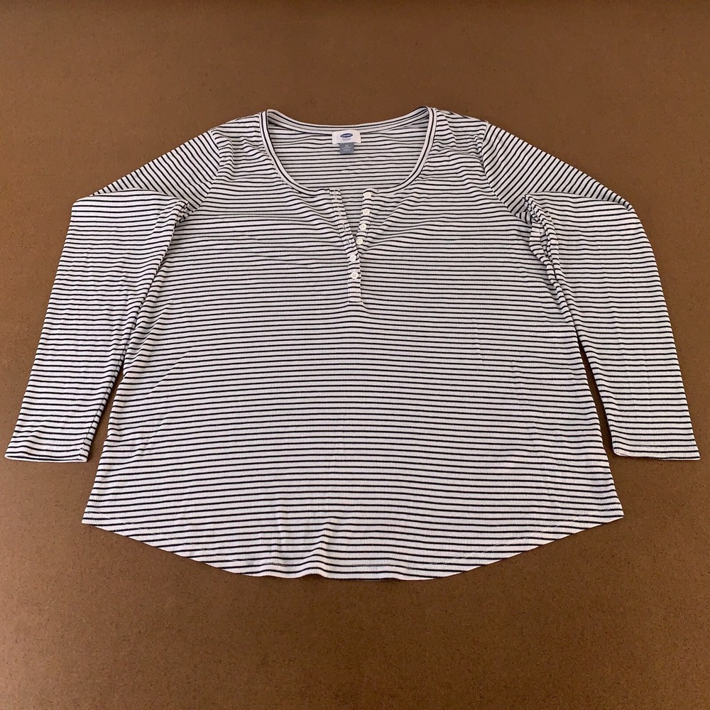 Old Navy Women's Size 2X White Black Striped Long Sleeve Henley Pullover Top